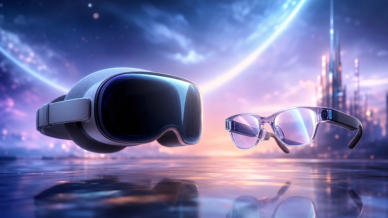 VRヘッドセットとスマートグラスを比較する幻想的なデバイスイメージ
