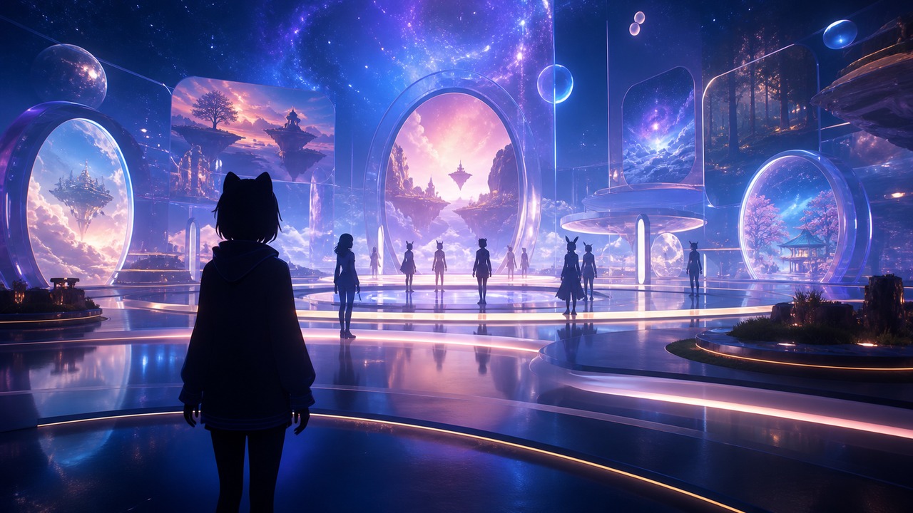 VRChatを始める初心者が幻想的な仮想空間へ入っていくイメージ
